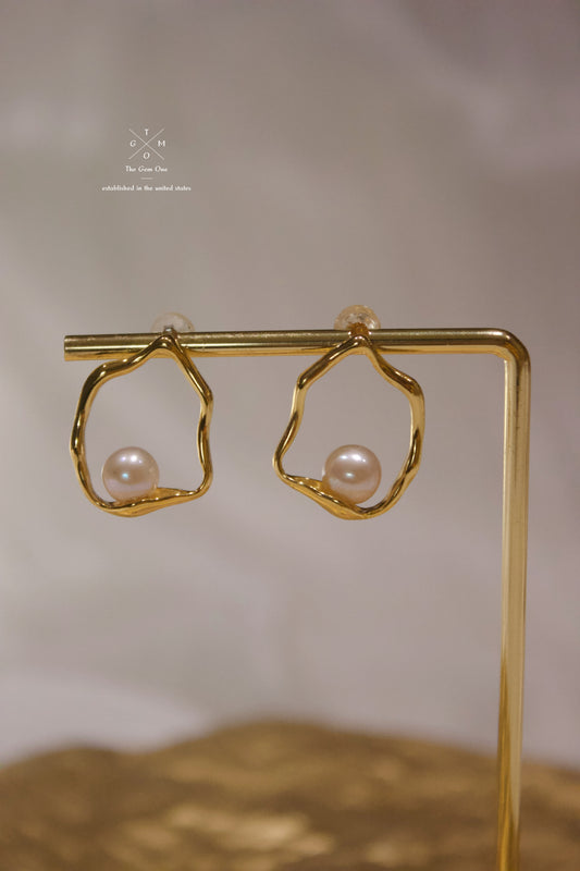 Modern Organic Gold Hoop Earrings with Freshwater Pearl Accent