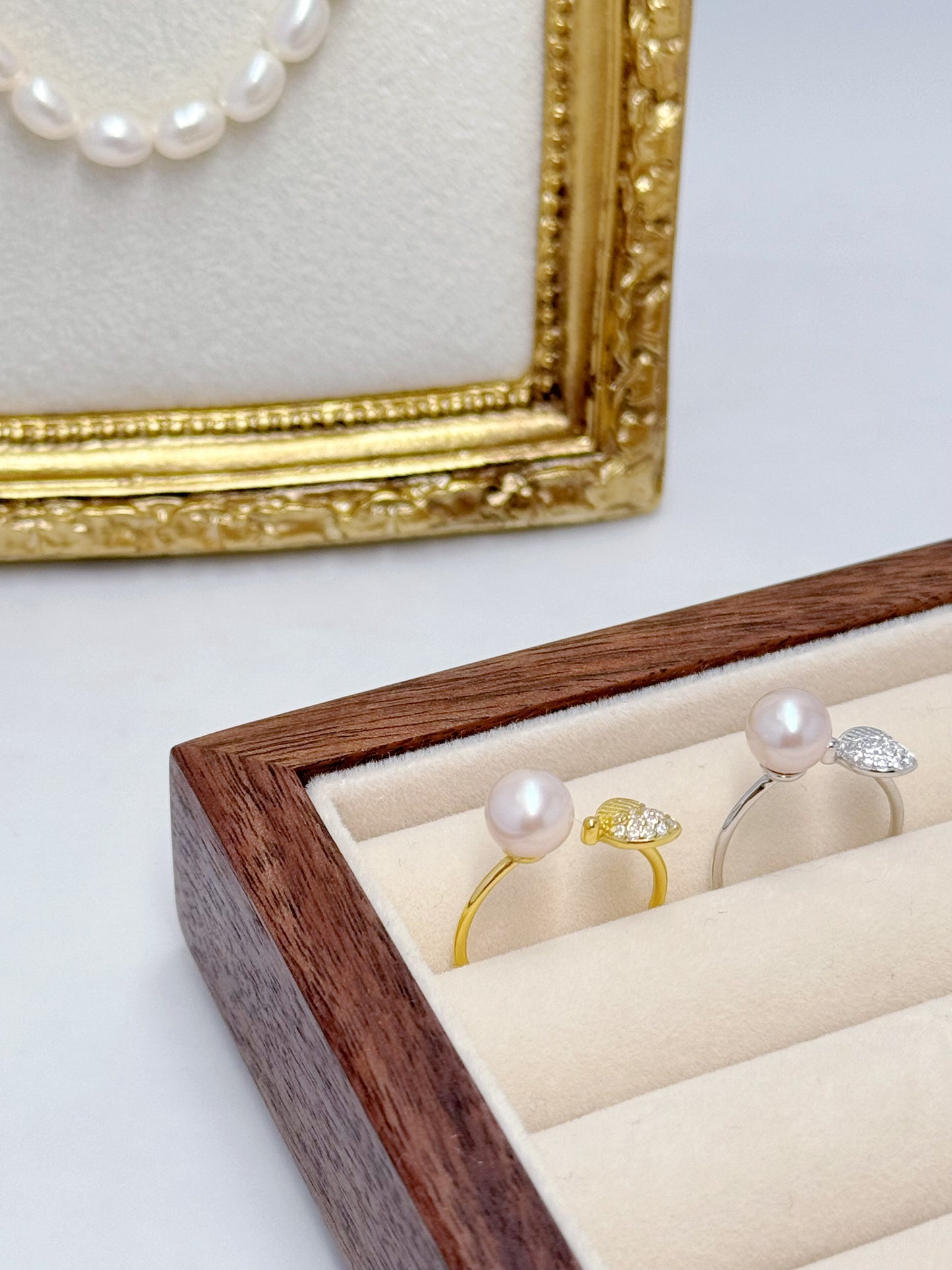 Nature-Inspired Pearl and Crystal Leaf Rings