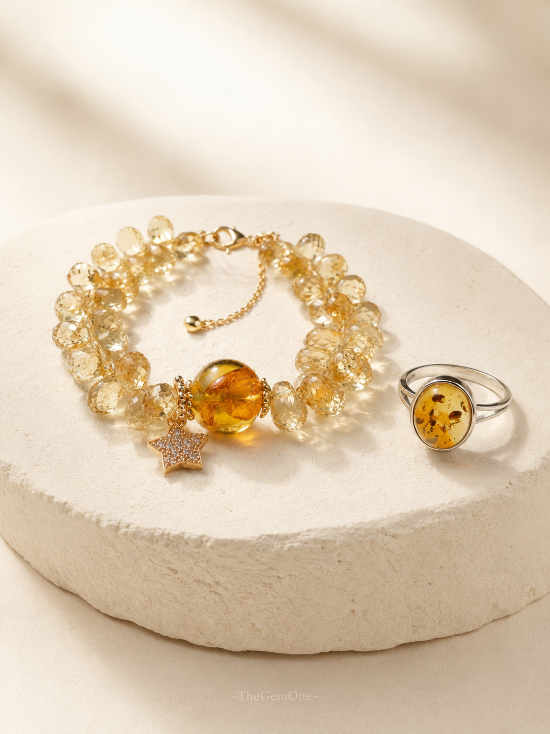 Golden Bloom Ring & Amber Bracelet Set