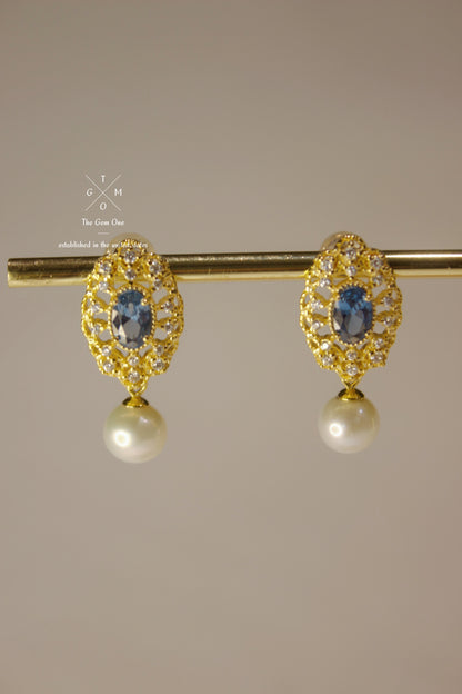 Freshwater Pearl Drop Earrings with Blue Topaz and Intricate Filigree Design
