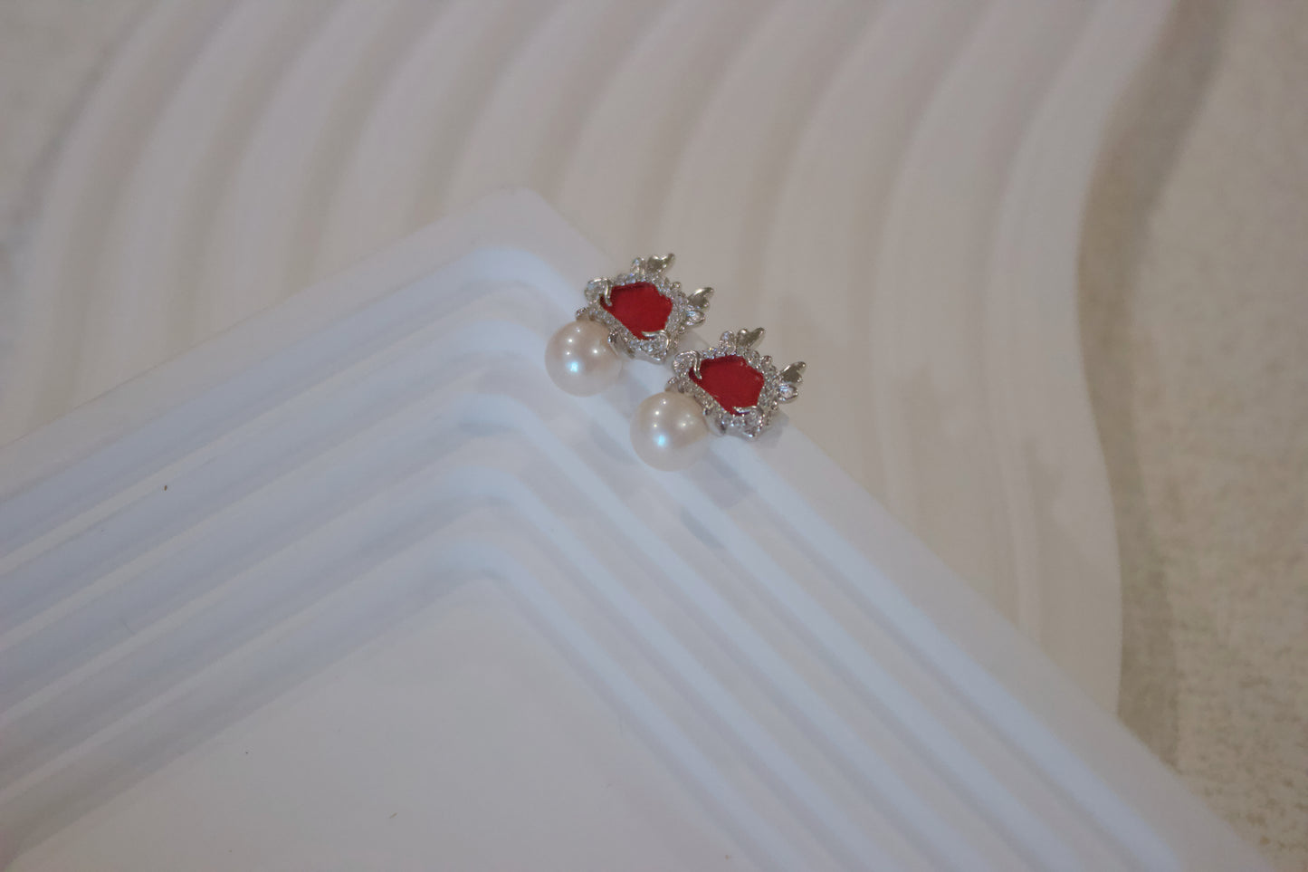 Regal Red Crown Pearl Drop Earrings