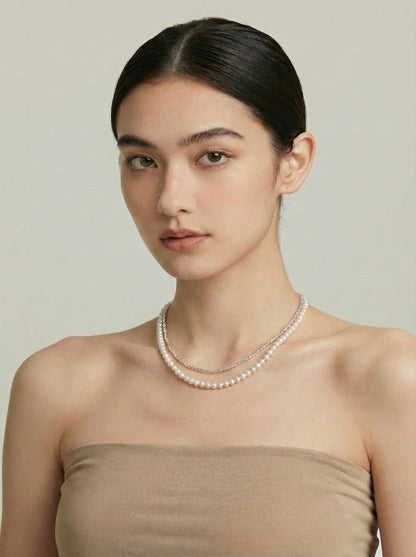 Delicate Duo Layered Freshwater Pearl and Sterling Silver Necklace Set
