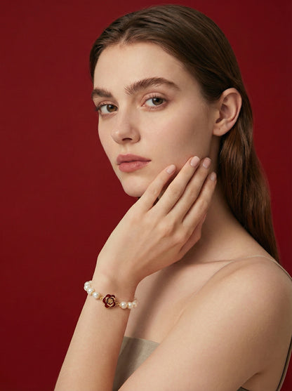 Red Camellia Freshwater Pearl Bracelet