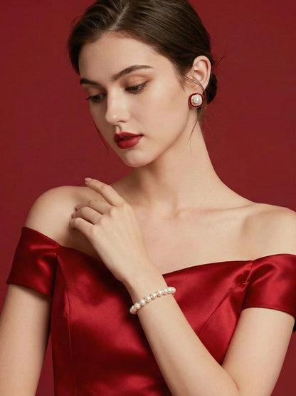 Modern Geometric Red & Pearl Studs