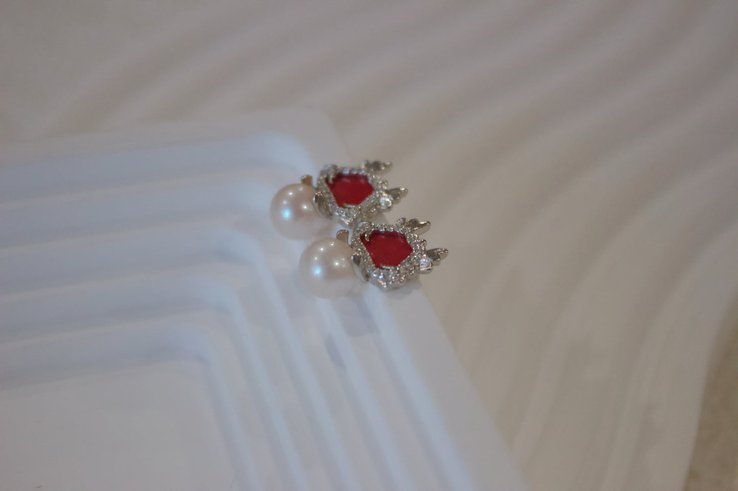 Regal Red Crown Pearl Drop Earrings