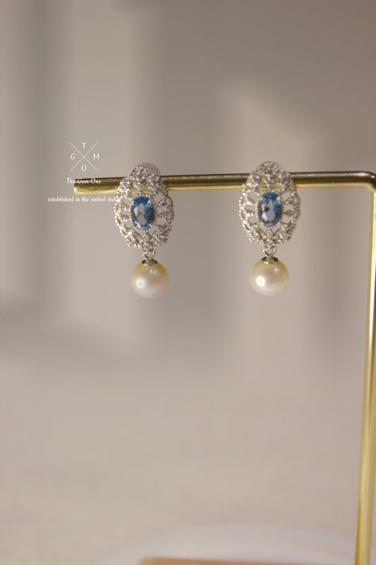 Freshwater Pearl Drop Earrings with Blue Topaz and Intricate Filigree Design