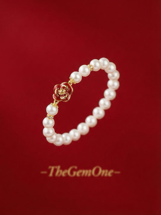 Red Camellia Freshwater Pearl Bracelet