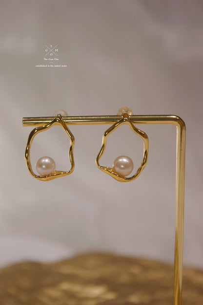Modern Organic Gold Hoop Earrings with Freshwater Pearl Accent
