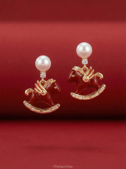 Lucky Trot Red Horse & Pearl Studs