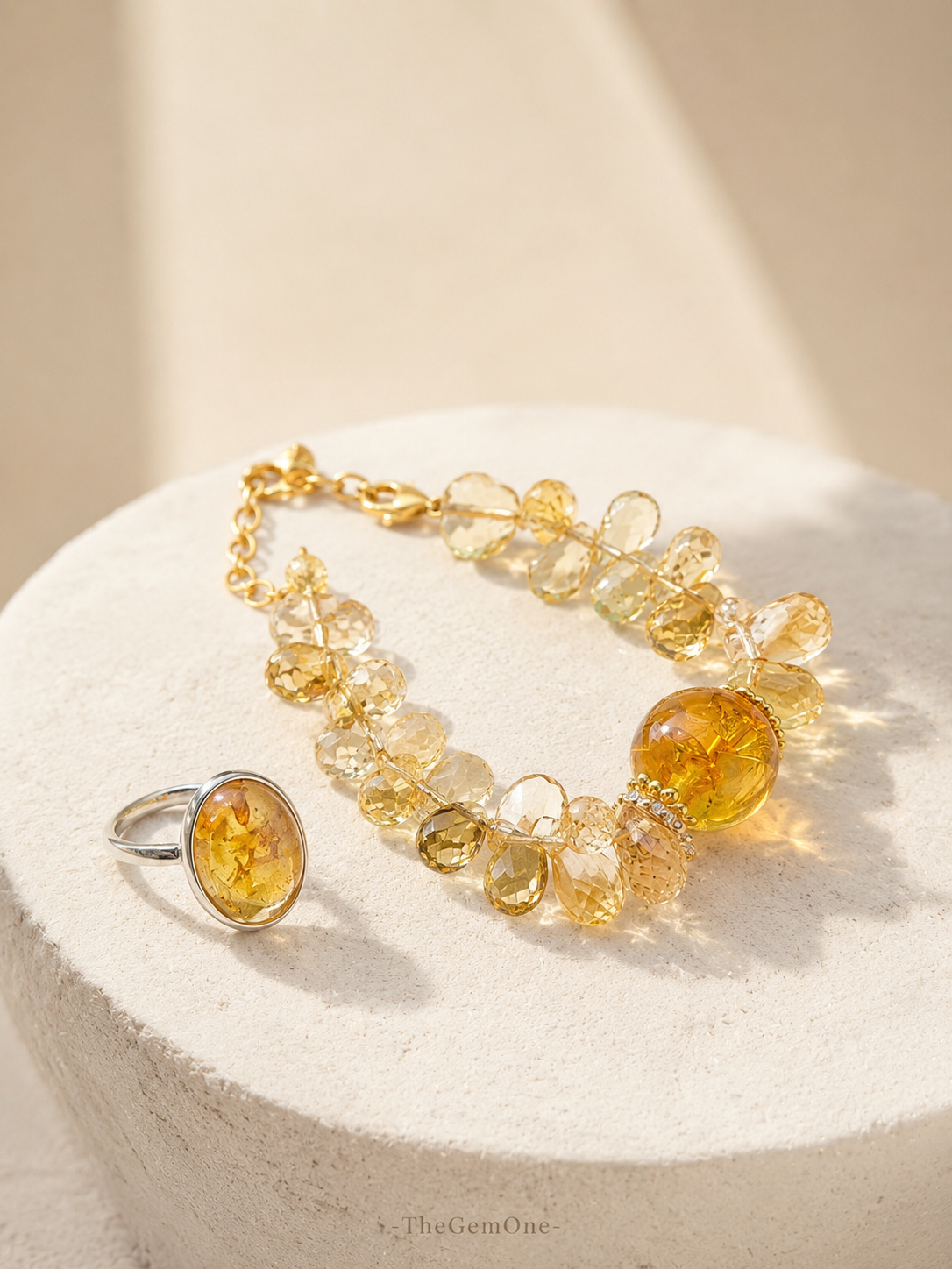 Golden Bloom Ring & Amber Bracelet Set