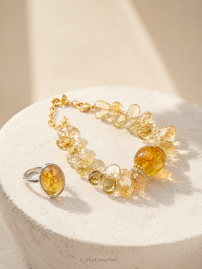 Golden Bloom Ring & Amber Bracelet Set