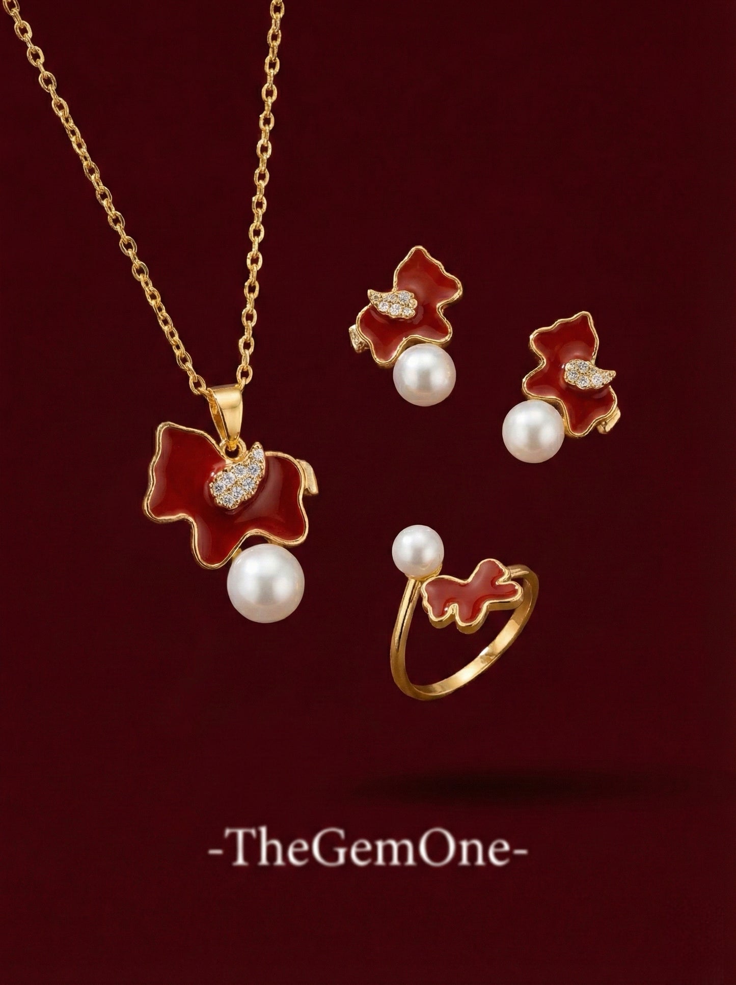 TheGemOne Rouge Gallop Red Enamel & Pearl 3-Piece Set