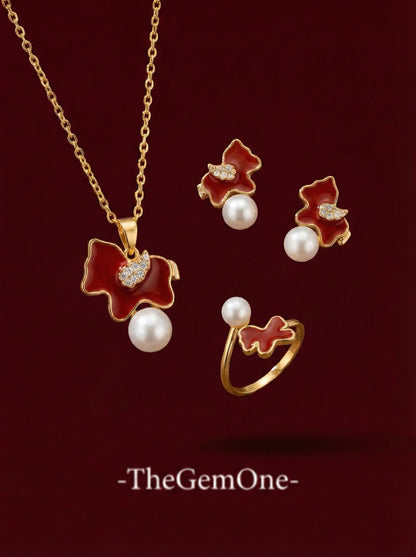TheGemOne Rouge Gallop Red Enamel & Pearl 3-Piece Set
