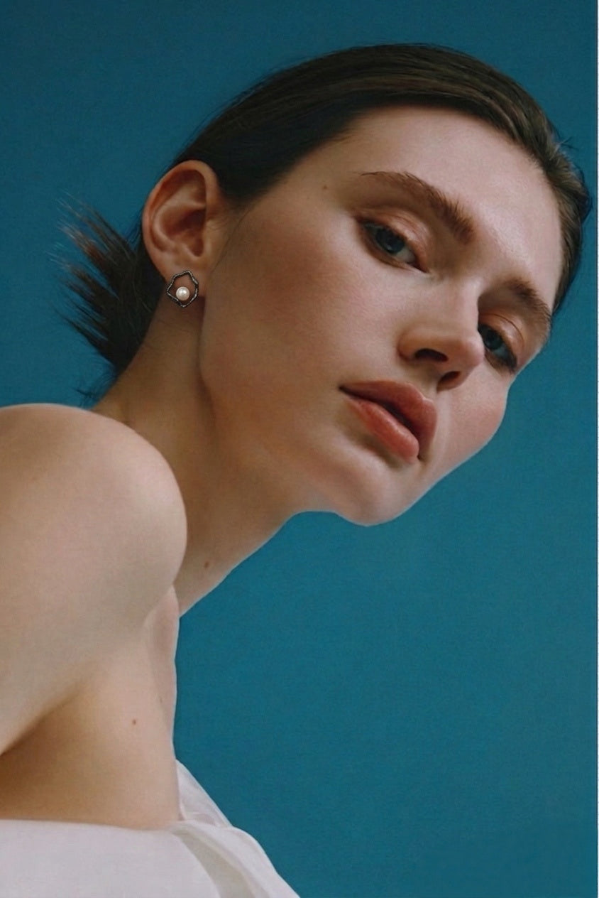 Modern Organic Gold Hoop Earrings with Freshwater Pearl Accent
