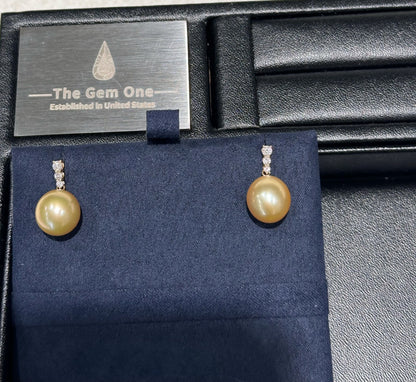 Fine Collection:Golden Serenade South Sea Cultured Pearl Earrings with 18K gold and Diamonds (11-12mm)