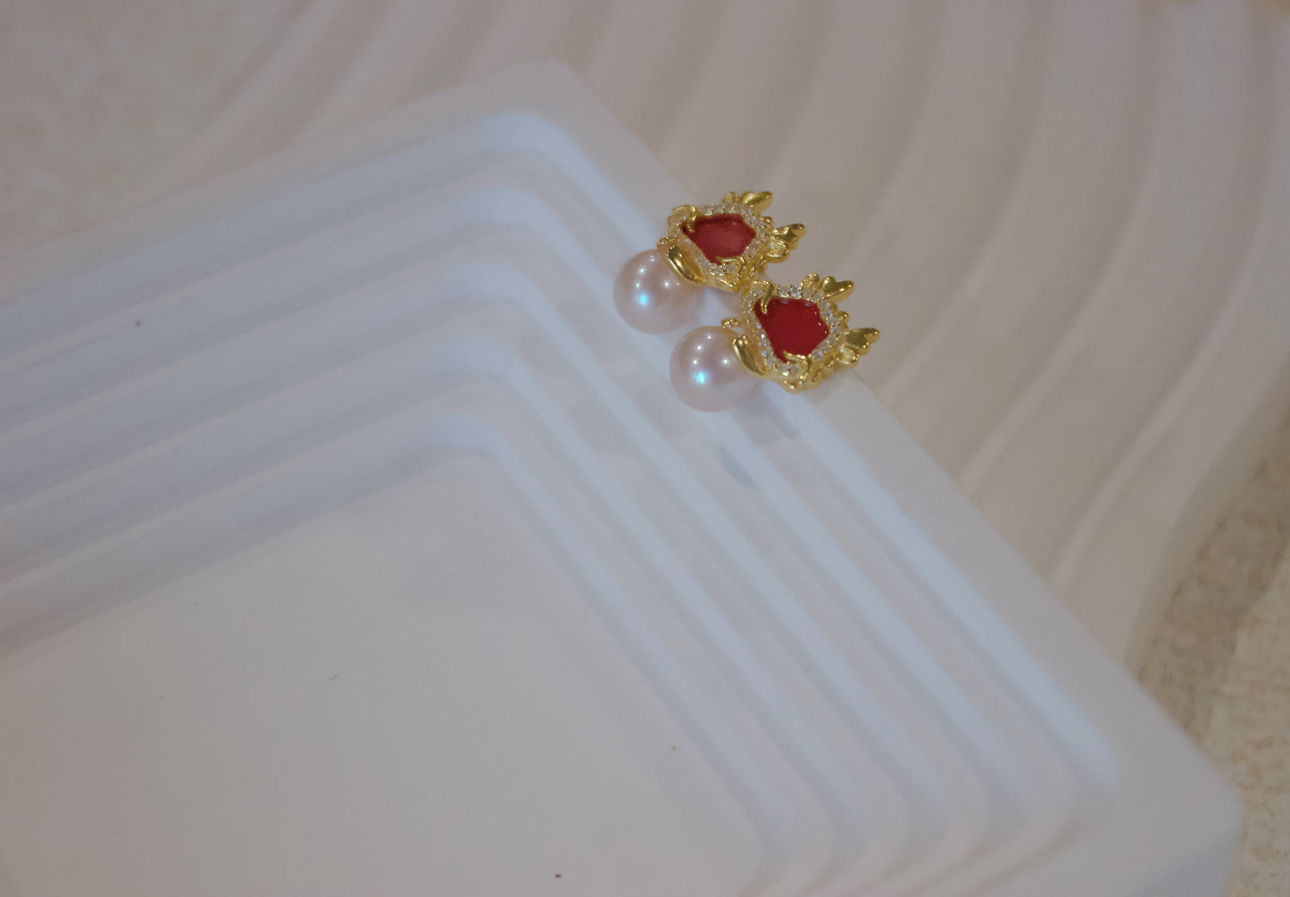Regal Red Crown Pearl Drop Earrings