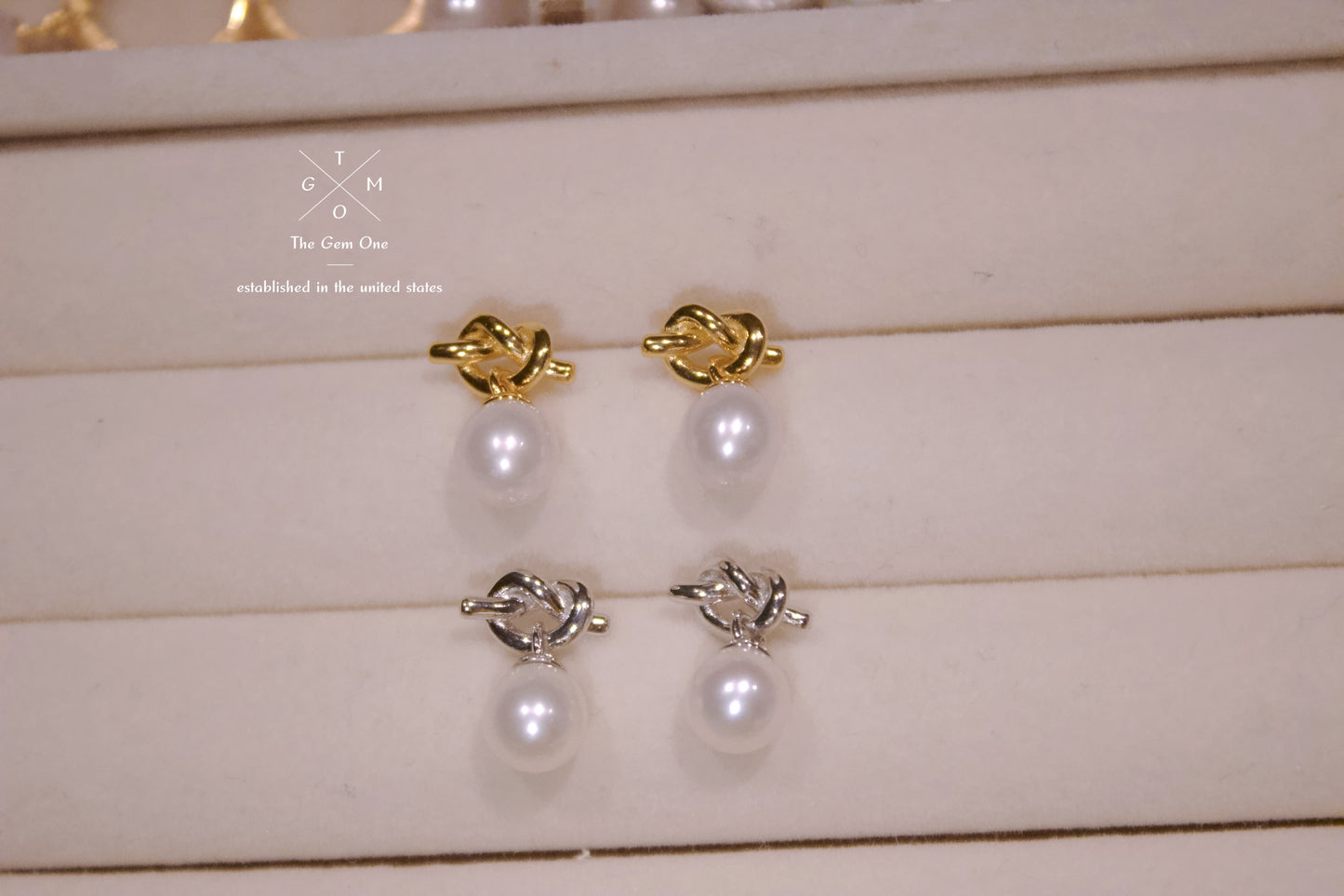 Elegant Knot Pearl Drop Earrings Set in Gold and Silver