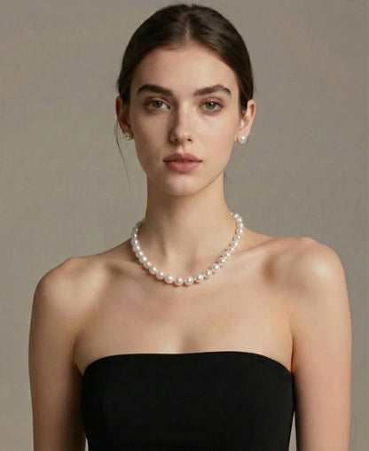 Classic 2pc Cultured freshwater pearl in Sterling Silver necklace 8-9mm+9-10mm earrings