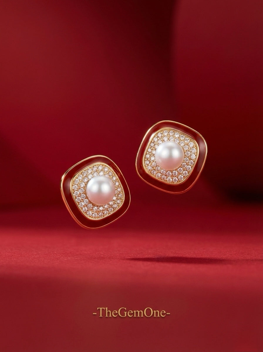 Modern Geometric Red & Pearl Studs
