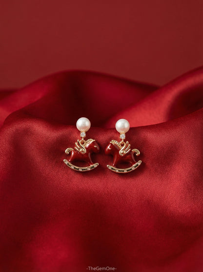 Lucky Trot Red Horse & Pearl Studs