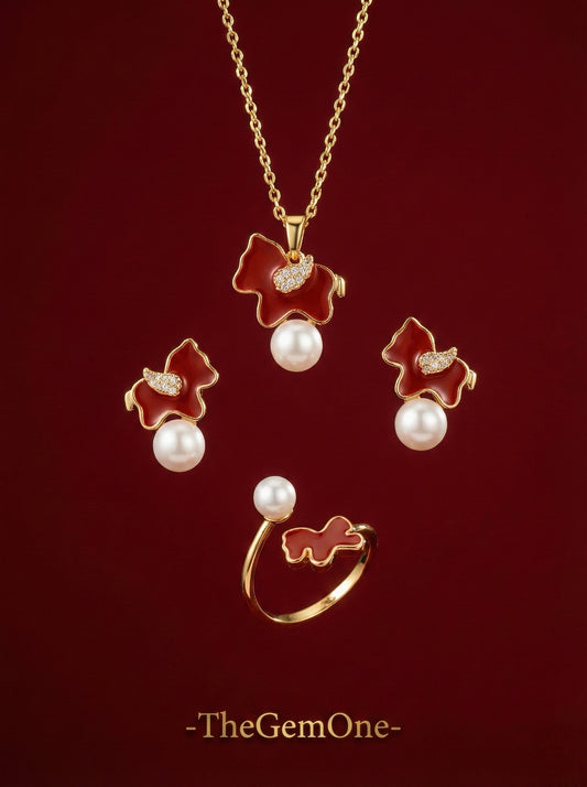 TheGemOne Rouge Gallop Red Enamel & Pearl 3-Piece Set