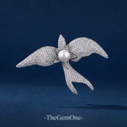 Vintage Style Sky Dancer Pearl & Zirconia Swallow Brooch