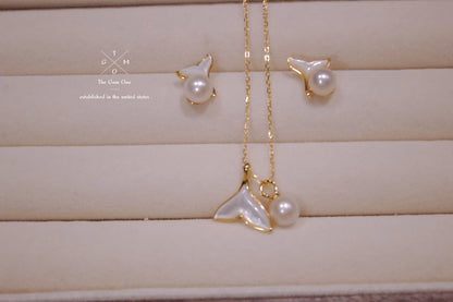 Ocean-Inspired Pearl and Mother of Pearl Whale Tail Jewelry Set（gold/Silver）