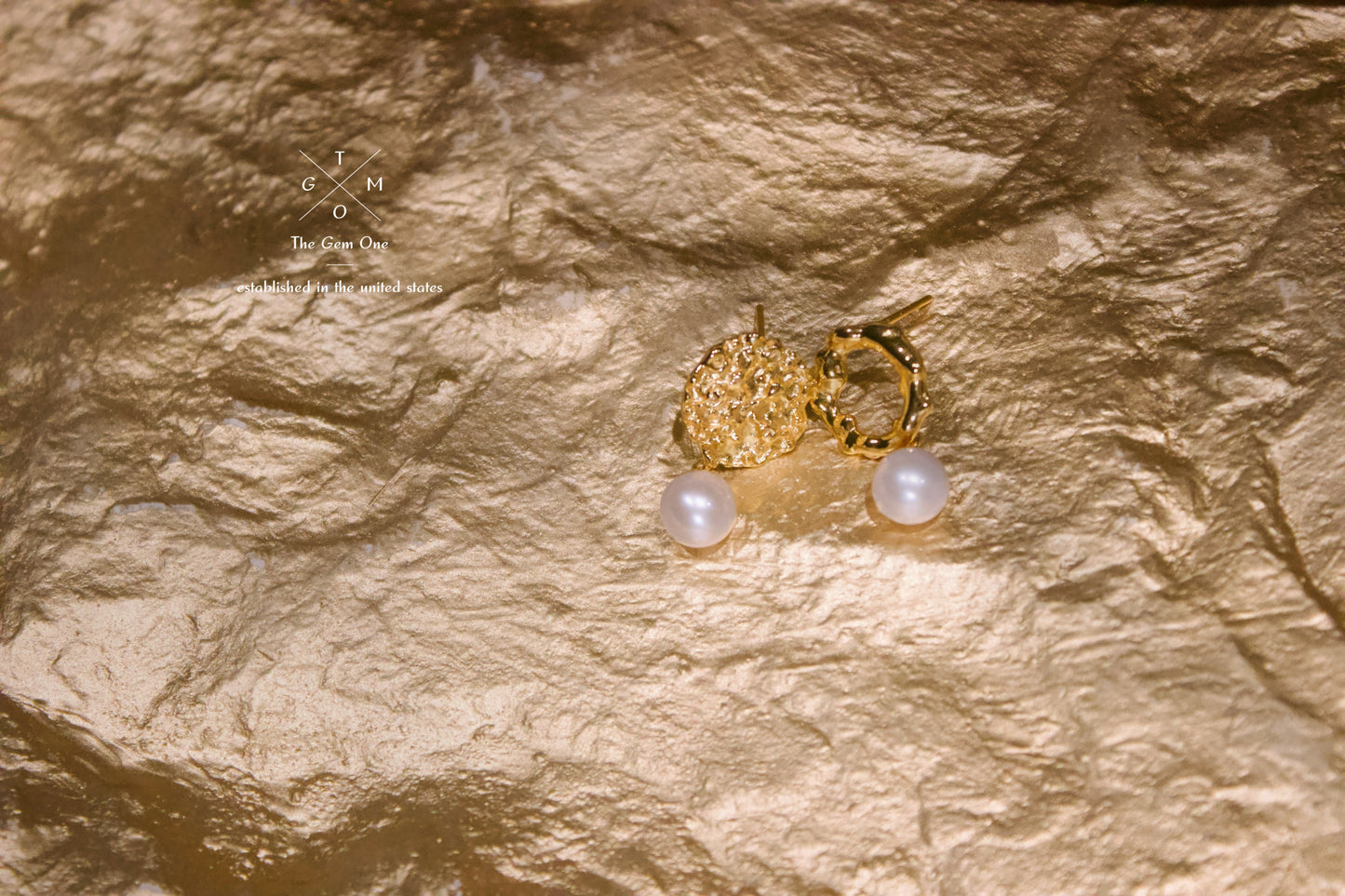 Textured Asymmetric Gold Pearl Drop Earrings