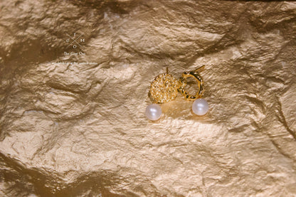 Textured Asymmetric Gold Pearl Drop Earrings