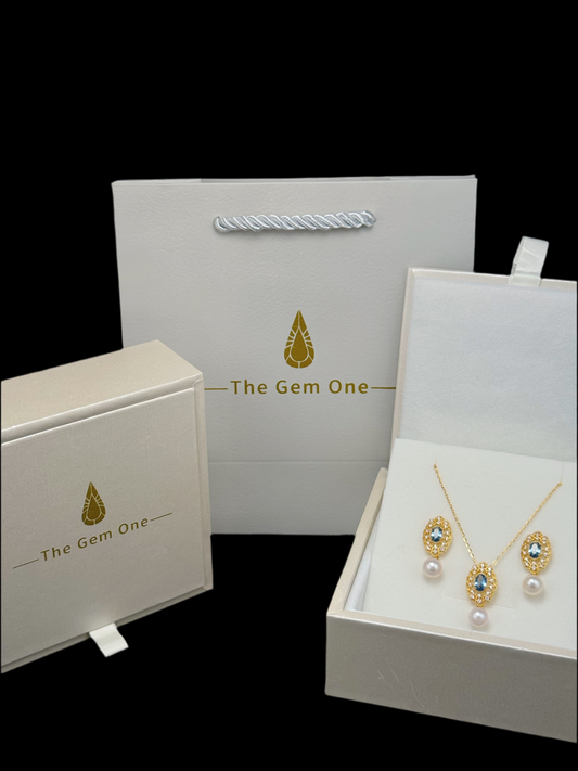 Regal Blue Topaz and Pearl Drop Necklace and Earrings Set