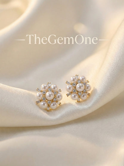 Floral Cluster Freshwater Pearl and Cubic Zirconia Stud Earrings  (sliver/gold)