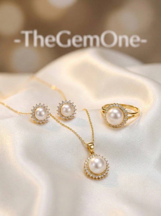 Regal Pearl and Gold Jewelry Set with Necklace, Earrings, and Ring