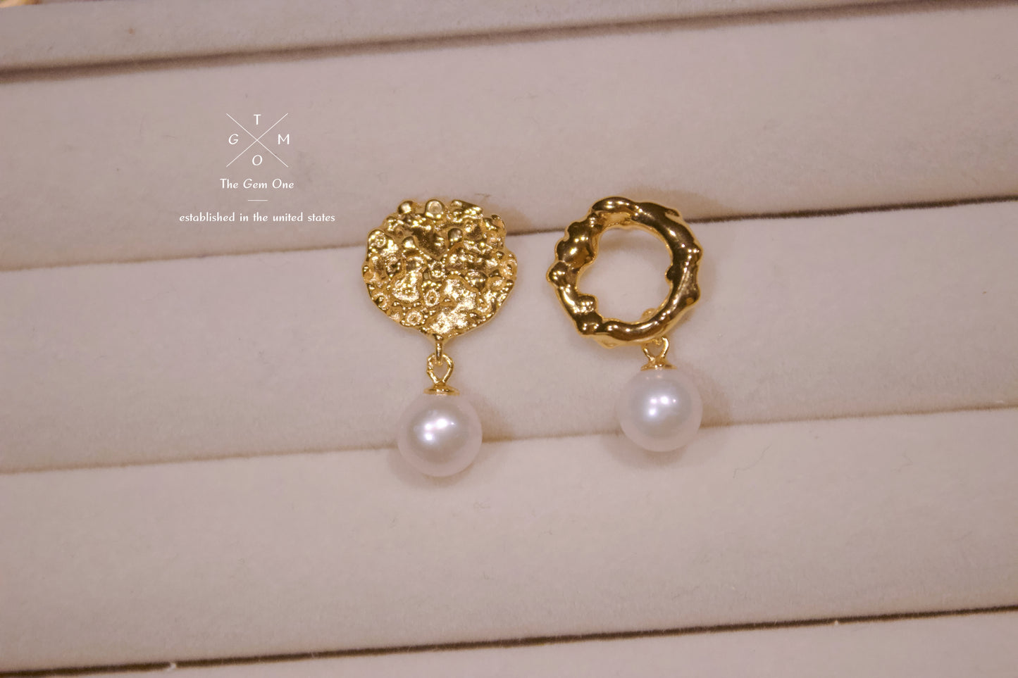 Textured Asymmetric Gold Pearl Drop Earrings