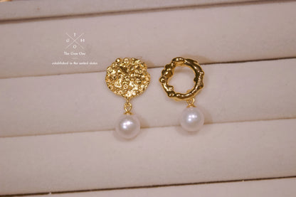 Textured Asymmetric Gold Pearl Drop Earrings