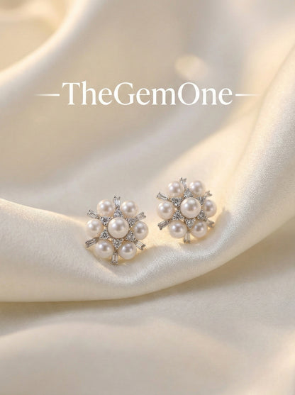 Floral Cluster Freshwater Pearl and Cubic Zirconia Stud Earrings  (sliver/gold)