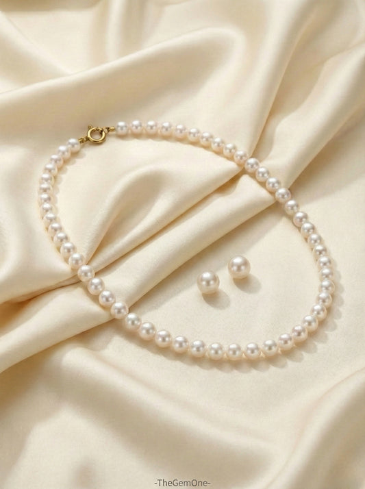 Classic 2pc Cultured freshwater pearl in Sterling Silver necklace 8-9mm+9-10mm earrings