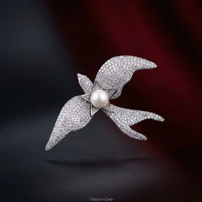 Vintage Style Sky Dancer Pearl & Zirconia Swallow Brooch