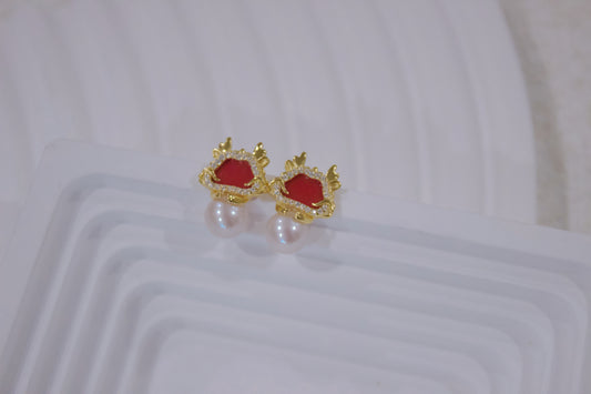 Regal Red Crown Pearl Drop Earrings