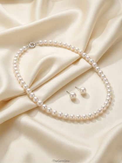 Classic 2pc Cultured freshwater pearl in Sterling Silver necklace 8-9mm+9-10mm earrings