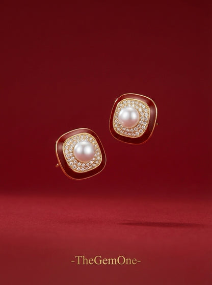Modern Geometric Red & Pearl Studs