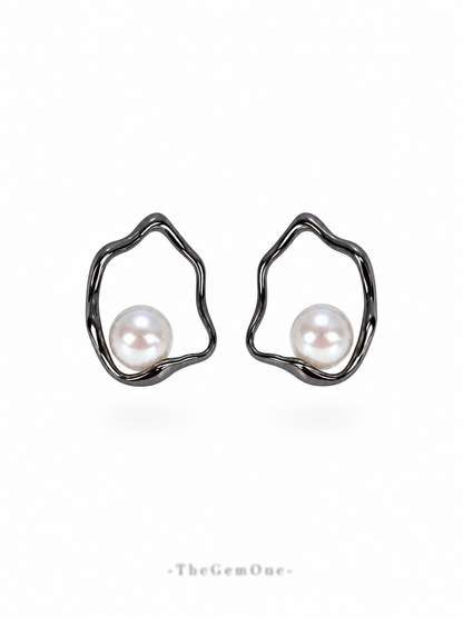 Modern Organic Gold Hoop Earrings with Freshwater Pearl Accent