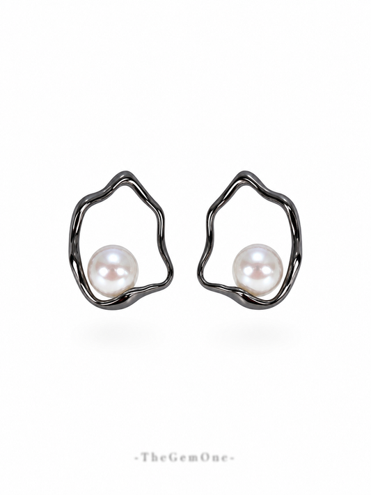Modern Organic Gold Hoop Earrings with Freshwater Pearl Accent