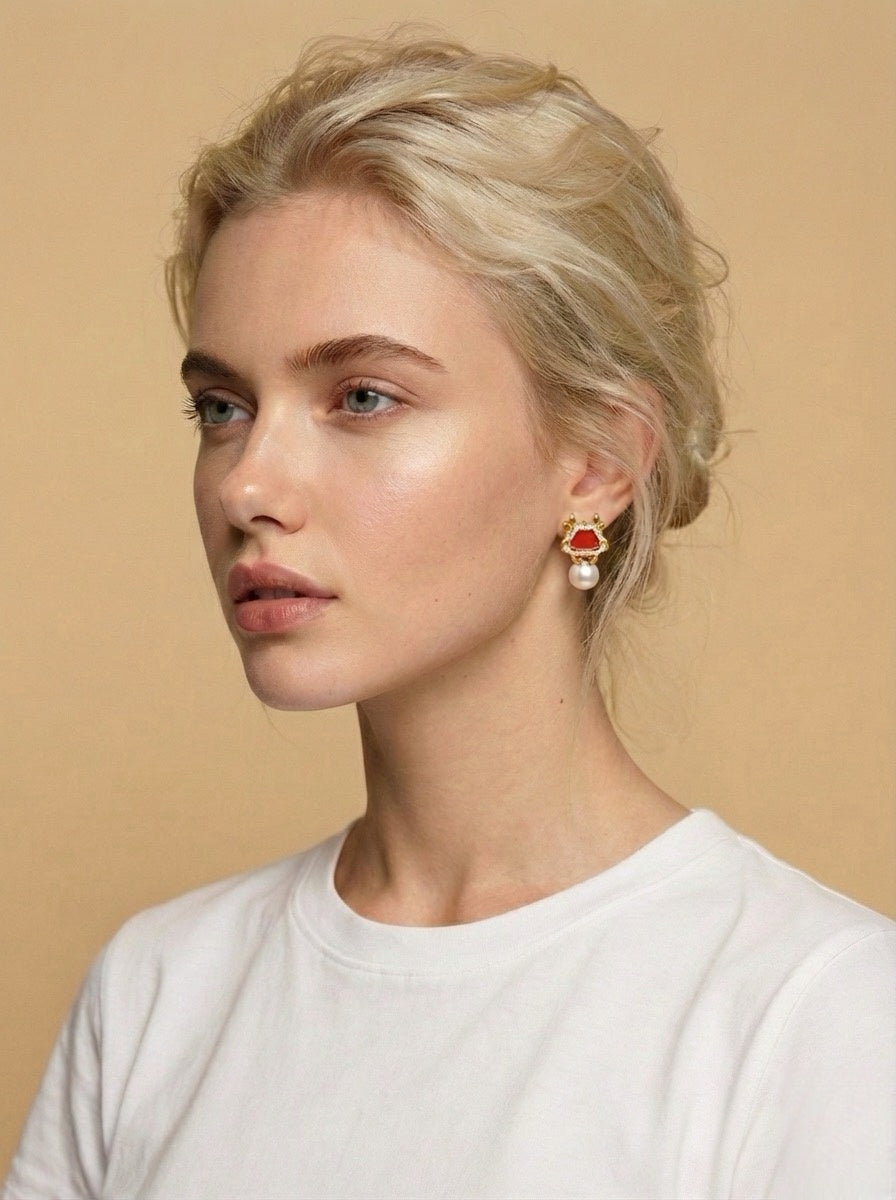 Regal Red Crown Pearl Drop Earrings