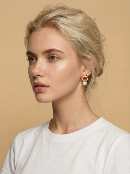 Regal Red Crown Pearl Drop Earrings