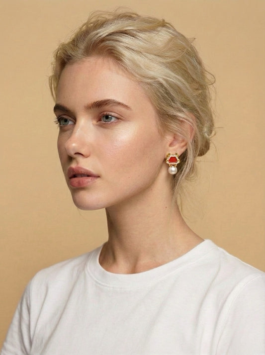 Regal Red Crown Pearl Drop Earrings