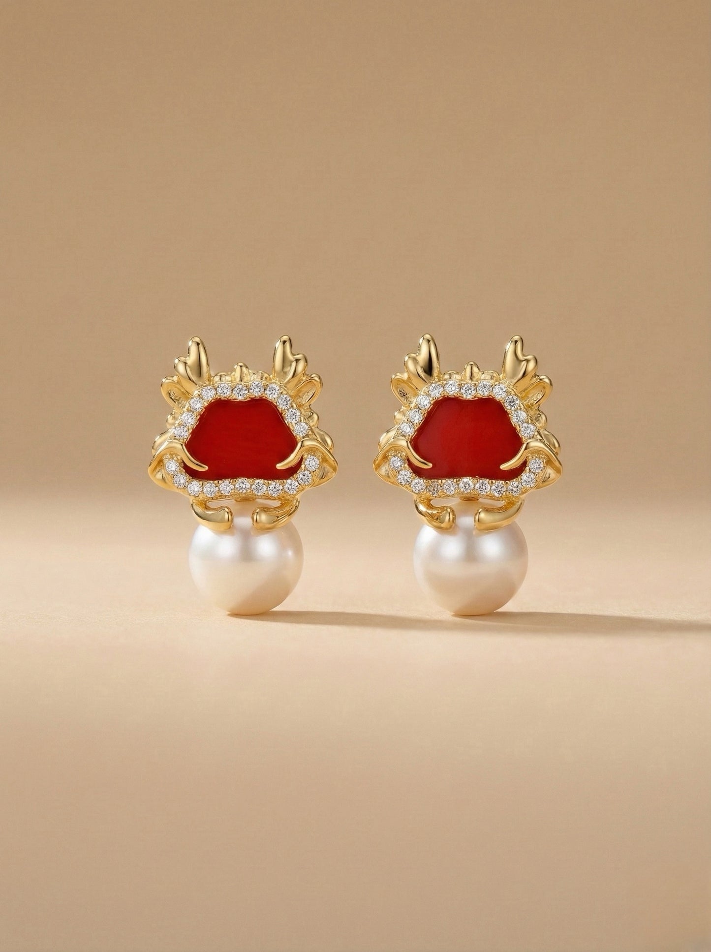 Regal Red Crown Pearl Drop Earrings