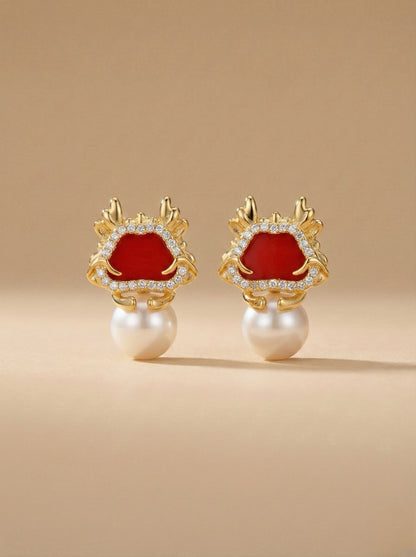 Regal Red Crown Pearl Drop Earrings