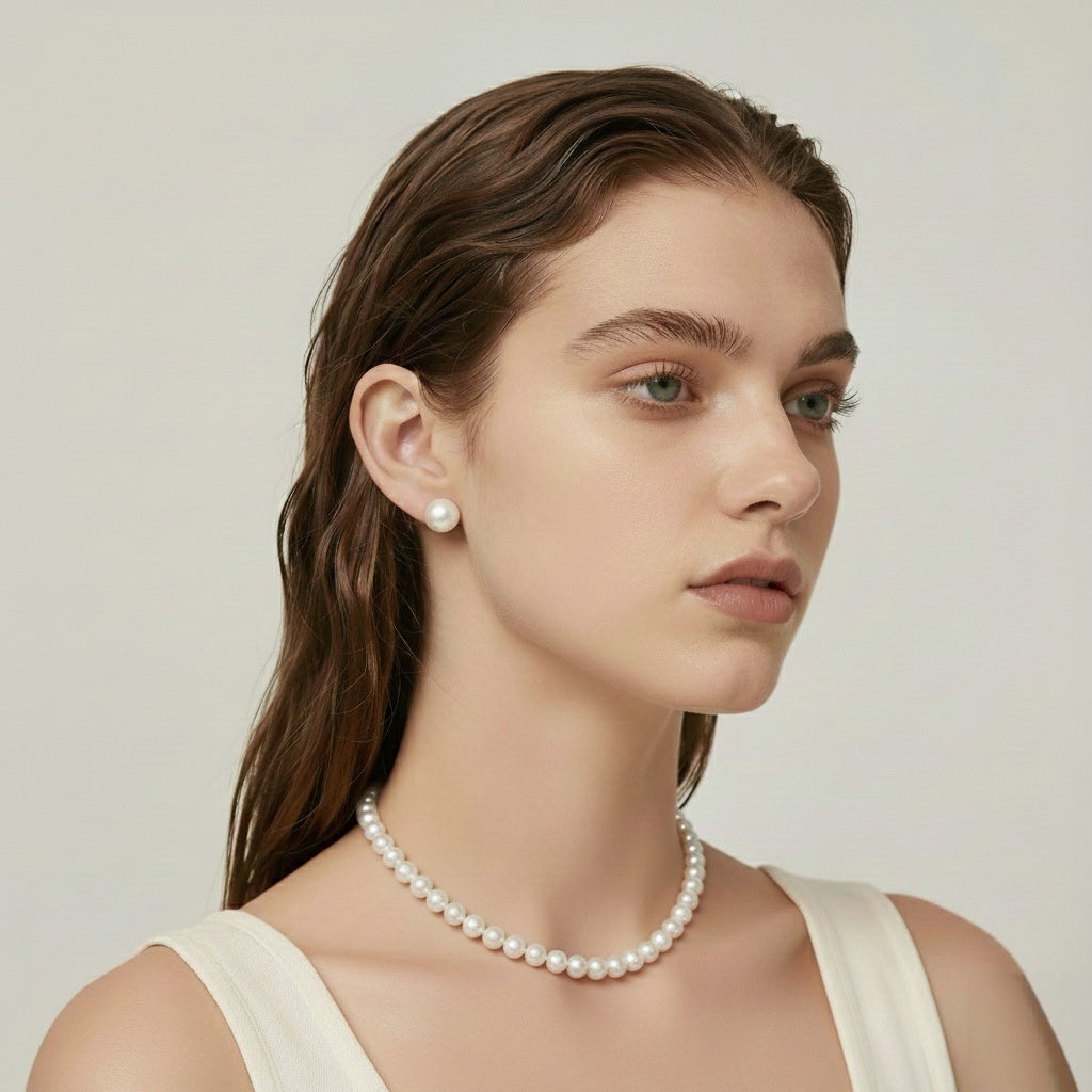 Classic 2pc Cultured freshwater pearl in Sterling Silver necklace 8-9mm+9-10mm earrings