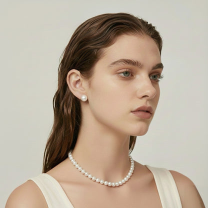 Classic 2pc Cultured freshwater pearl in Sterling Silver necklace 8-9mm+9-10mm earrings