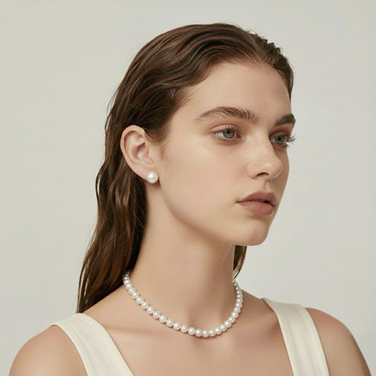 Classic 2pc Cultured freshwater pearl in Sterling Silver necklace 8-9mm+9-10mm earrings